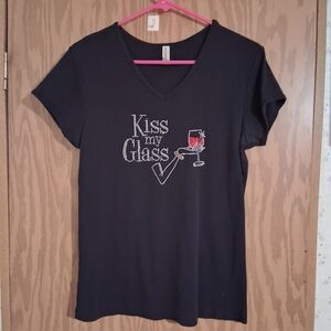 Stylish Black V-Neck Tee with Wine Embroidery